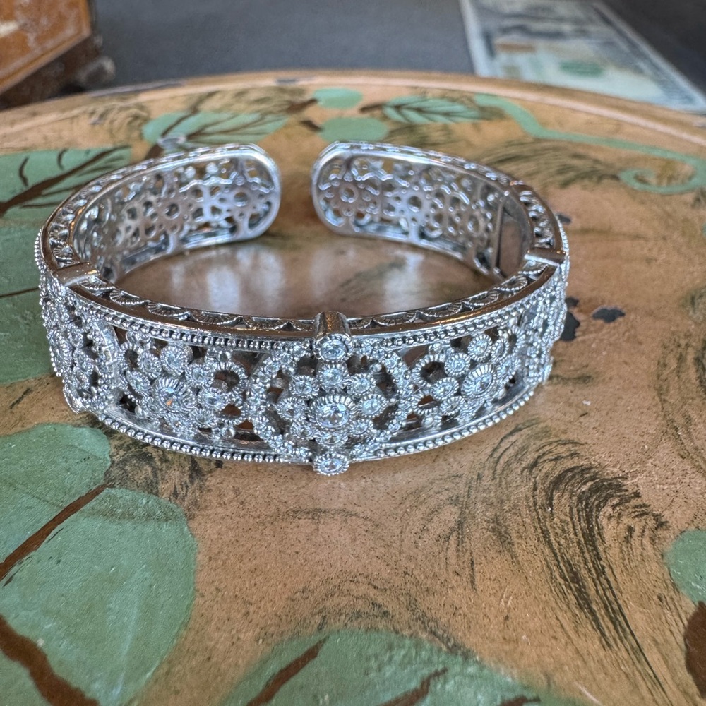 Judith Ripka Elegant Silver Floral Cuff Bracelet